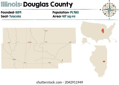 Large and detailed map of Douglas county in Illinois, USA.