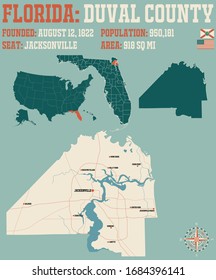 Large and detailed map of Duval county in Florida, USA.