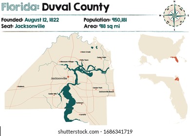 Large and detailed map of Duval county in Florida, USA.