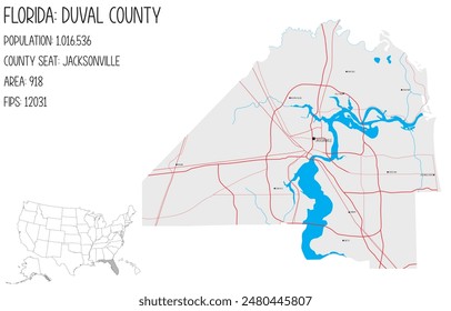 Mapa Grande y detallado del condado de Duval en Florida, Estados Unidos.