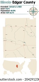 Mapa grande y detallado del condado de Edgar en Illinois, EEUU.