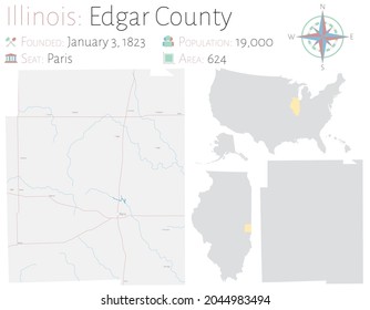 Mapa grande y detallado del condado de Edgar en Illinois, EEUU.