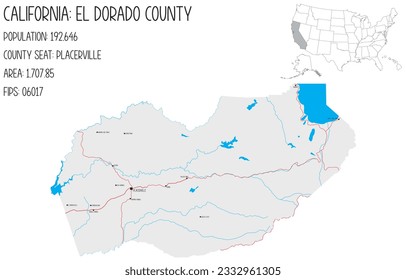 Large and detailed map of El Dorado County in California, USA.