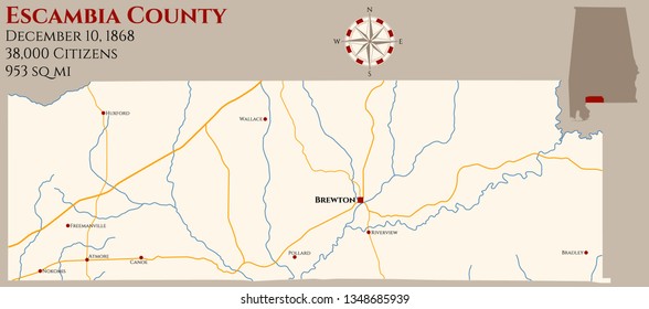 Large and detailed map of Escambia county in Alabama, USA
