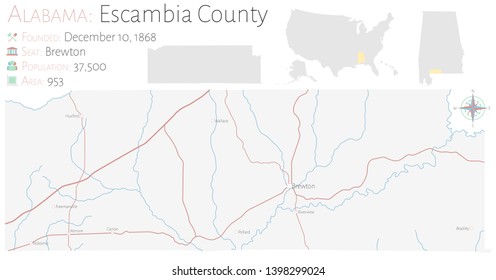 Large and detailed map of Escambia county in Alabama, USA.