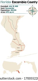 Large and detailed map of Escambia county in Florida, USA.