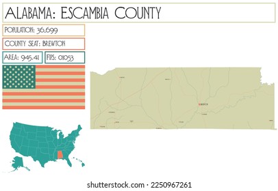 Mapa grande y detallado del condado de Escambia en Alabama, EEUU.