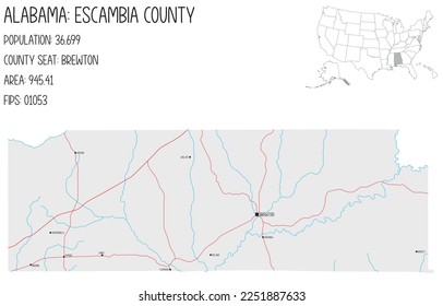 Mapa grande y detallado del condado de Escambia en Alabama, EEUU.