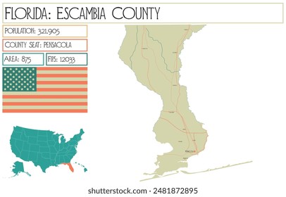 Mapa Grande y detallado del Condado de Escambia en Florida, Estados Unidos.