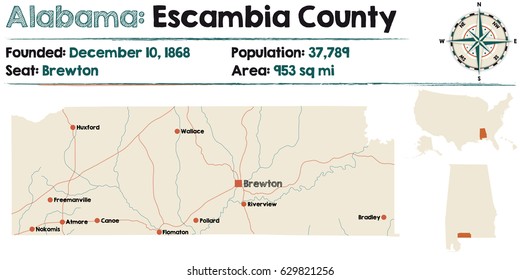 Large and detailed map of Escambia County in Alabama