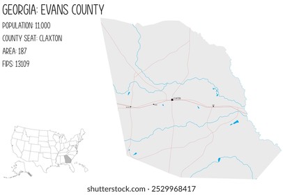 Large and detailed map of Evans County in Georgia, USA.