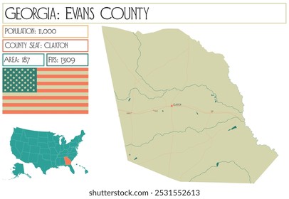 Large and detailed map of Evans County in Georgia USA.