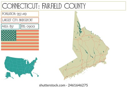 Large and detailed map of Fairfield County in Connecticut USA.