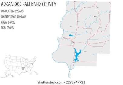 Large and detailed map of Faulkner County in Arkansas, USA.