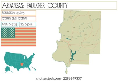 Large and detailed map of Faulkner County in Arkansas, USA.