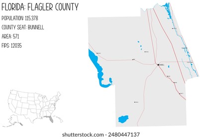 Mapa Grande y detallado del condado de Flagler en Florida, Estados Unidos.