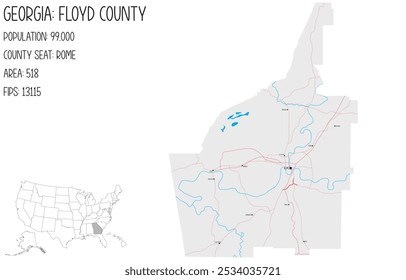 Grande y detallado mapa de Floyd County en Georgia, Estados Unidos.