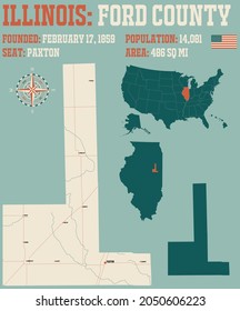 Mapa grande y detallado del condado Ford en Illinois, EEUU.