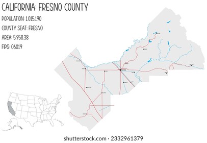 Large and detailed map of Fresno County in California, USA.