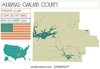 Large and detailed map of Garland County in Arkansas, USA.
