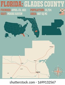 Large And Detailed Map Of Glades County In Florida, USA.