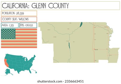Large and detailed map of Glenn County in California, USA.