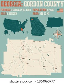 Large and detailed map of Gordon county in Georgia, USA.