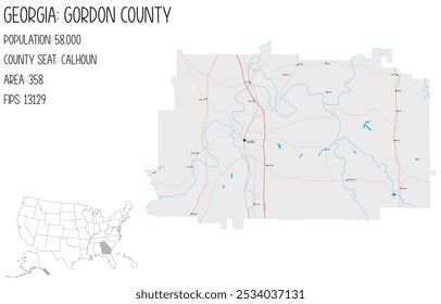 Large and detailed map of Gordon County in Georgia, USA.