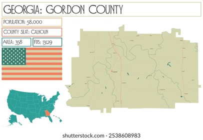 Large and detailed map of Gordon County in Georgia USA.