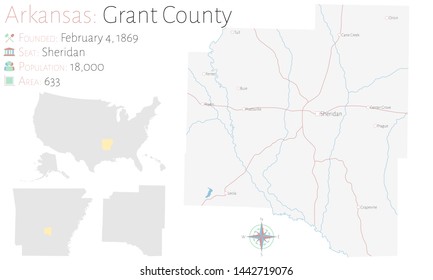 Large and detailed map of Grant county in Arkansas, USA.