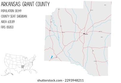 Large and detailed map of Grant County in Arkansas, USA.