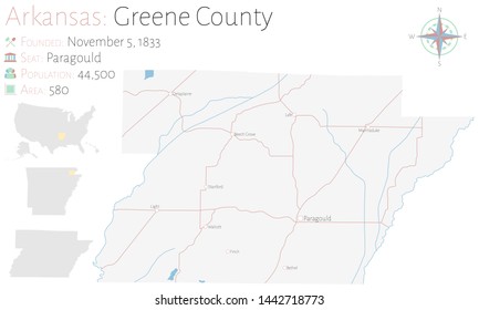 Large and detailed map of Greene county in Arkansas, USA.