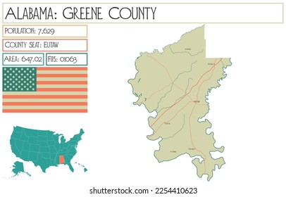 Large and detailed map of Greene county in Alabama, USA.