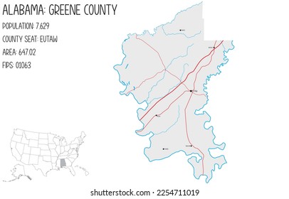 Large and detailed map of Greene county in Alabama, USA.