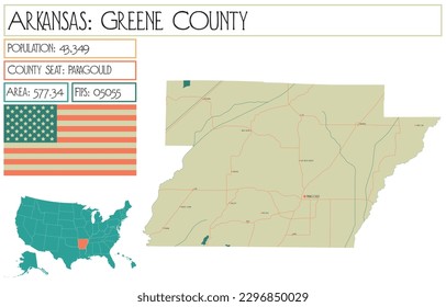 Large and detailed map of Greene County in Arkansas, USA.