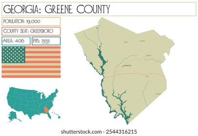 Large and detailed map of Greene County in Georgia USA.