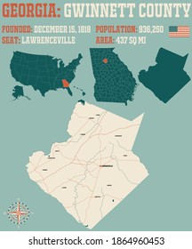 Large And Detailed Map Of Gwinnett County In Georgia, USA.