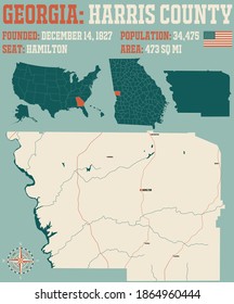 Large And Detailed Map Of Harris County In Georgia, USA.