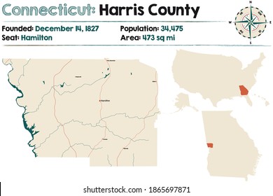 Large And Detailed Map Of Harris County In Georgia, USA.