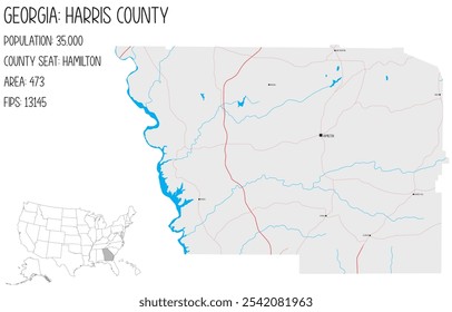 Grosse und detaillierte Karte von Harris County in Georgia, USA.
