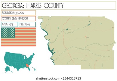 Mapa grande e detalhado de Condado de Harris na Geórgia EUA.