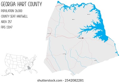 Grande y detallado mapa de Hart County en Georgia, Estados Unidos.
