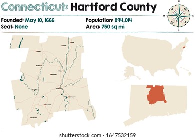 Large and detailed map of Hartford county in Connecticut, USA.