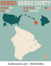 Large and detailed map of Hawaii county in Hawaii, USA.