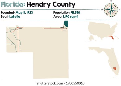 Large and detailed map of Hendry county in Florida, USA.