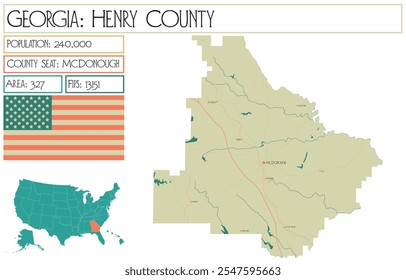 Large and detailed map of Henry County in Georgia USA.