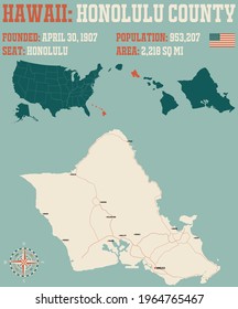 Large and detailed map of Honolulu county in Hawaii, USA.