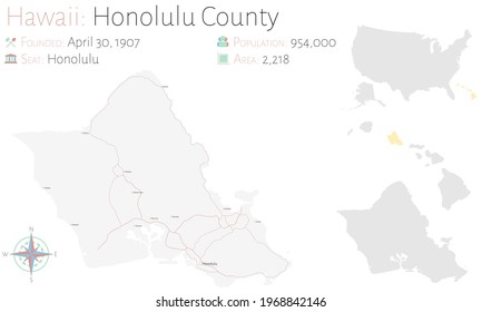 Large and detailed map of Honolulu county in Hawaii, USA.