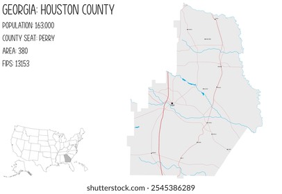 Grande y detallado mapa de Houston County en Georgia, Estados Unidos.