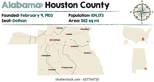 Large and detailed map of Houston County in Alabama